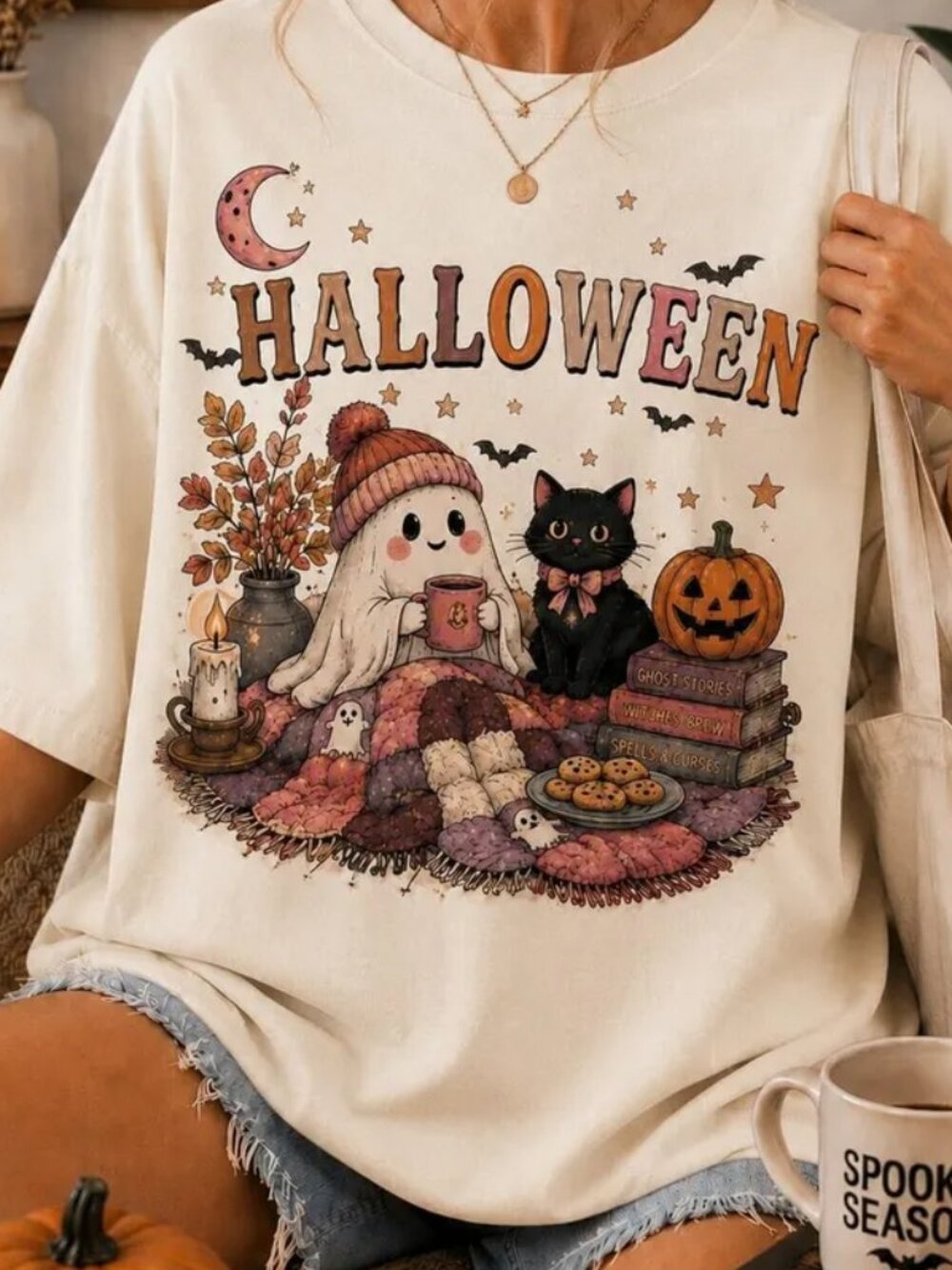 Cute Halloween Ghost Cat Shirt, Cozy Spooky Season Tee, Pumpkin Tee